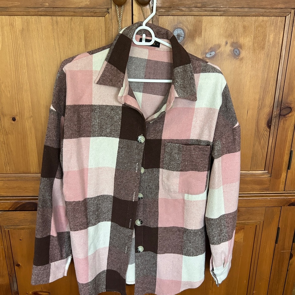 Pink and Brown Plaid Button-Up Shirt